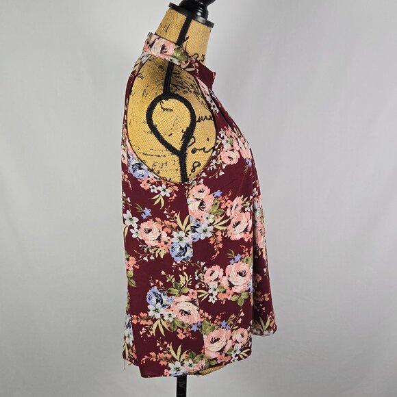Blue Pan Halter Neck Floral Pleated Front Blouse Womens M Burgundy Pink Y2K Vibe - Picture 2 of 10